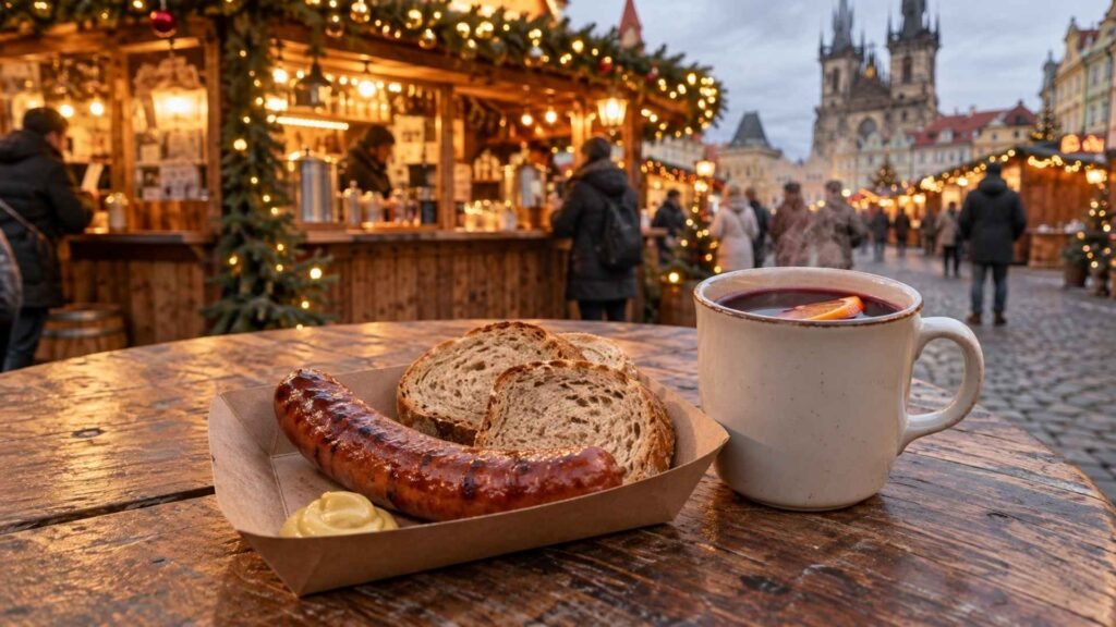 Grilled klobása sausage with bread and mustard beside a mug of svařák at a Prague Christmas market.