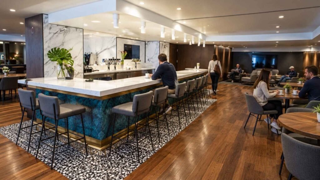 Illustration of the Primeclass Lounge at JFK Terminal 1, showing a white bar, turquoise panels and travellers in the dining area.