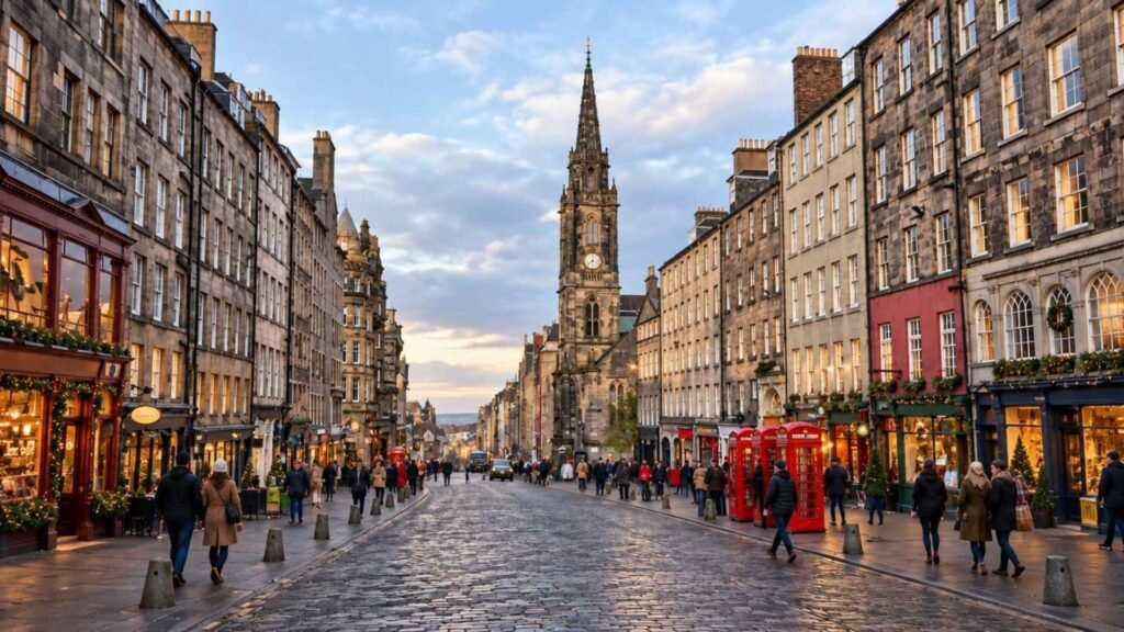 The Royal Mile in Edinburgh with historic stone buildings, festive shopfronts and visitors in winter clothing.