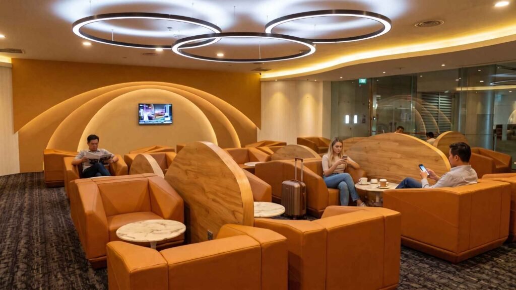 Travellers reading and relaxing in a SATS Premier Lounge seating area with orange armchairs, curved wooden dividers and circular ceiling lights.
