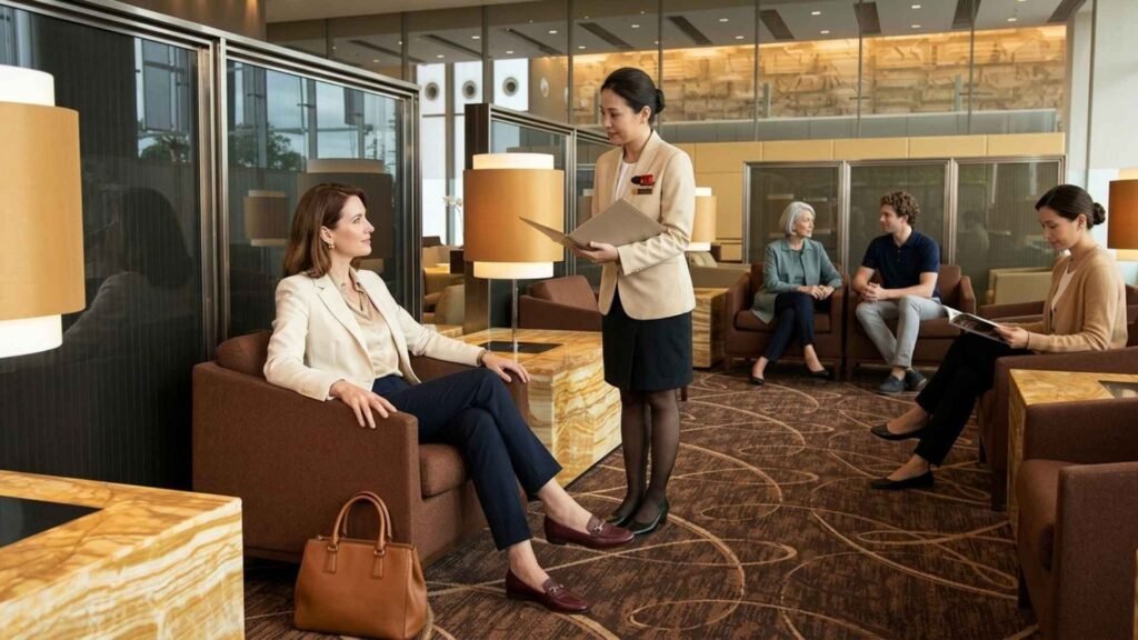 Lounge attendant assisting a business traveller seated beside a warm table lamp in a Singapore Airlines lounge at Changi Airport.