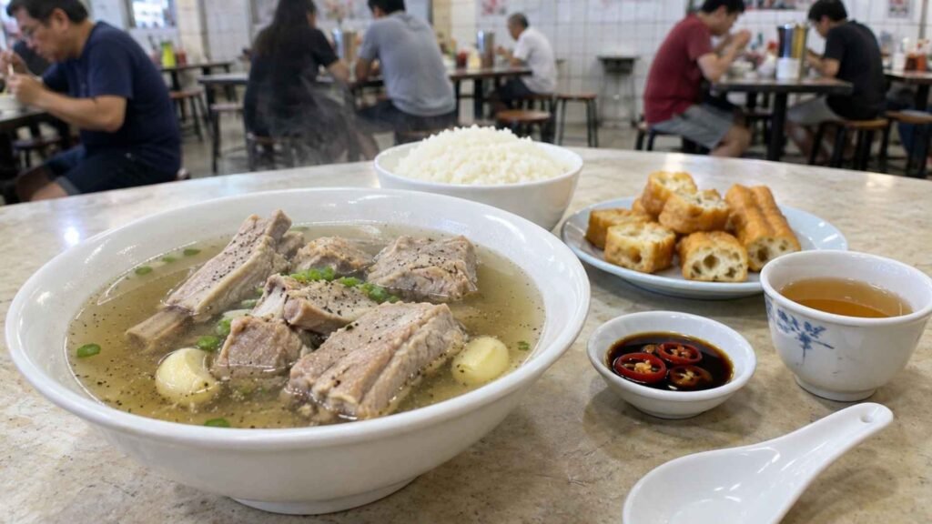 Singapore bak kut teh with pork ribs, garlic, rice, youtiao and Chinese tea