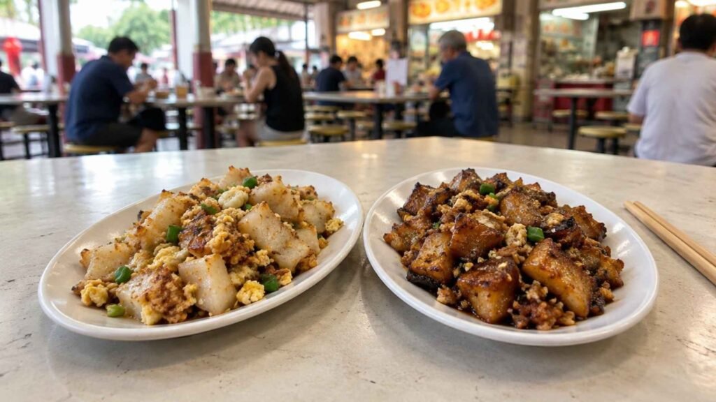 White and black Singapore chai tow kway served at a hawker centre