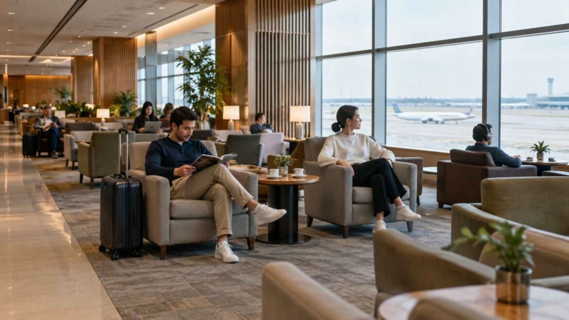 Singapore Changi Airport Lounges illustrated by a bright seating area with travellers relaxing before their flights.
