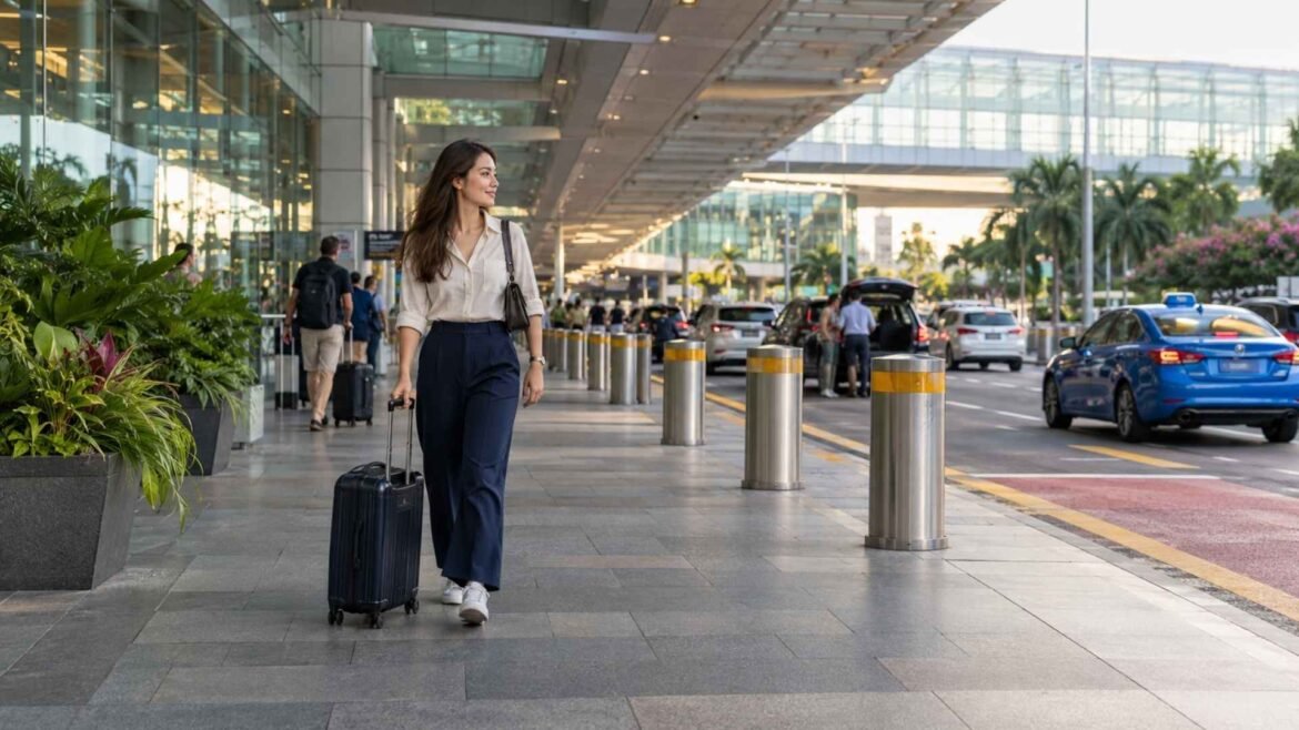 Singapore Changi Airport to city centre travel, with a woman pulling a suitcase beside an airport taxi pickup area.