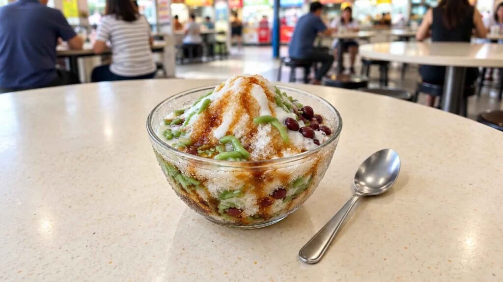 Singapore chendol with shaved ice, coconut milk, gula melaka and pandan jelly