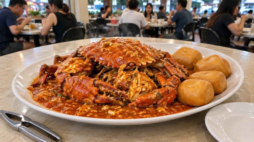 Singapore chilli crab in rich red sauce served with fried mantou buns and a crab cracker