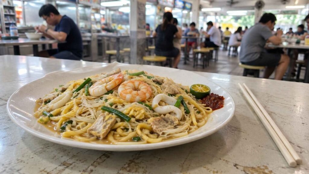 Singapore Hokkien mee with prawns, squid, sambal and calamansi at a hawker centre