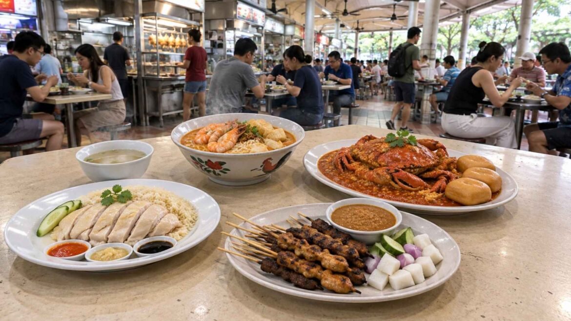 What to Eat in Singapore with chicken rice, laksa, chilli crab and satay at a lively hawker centre
