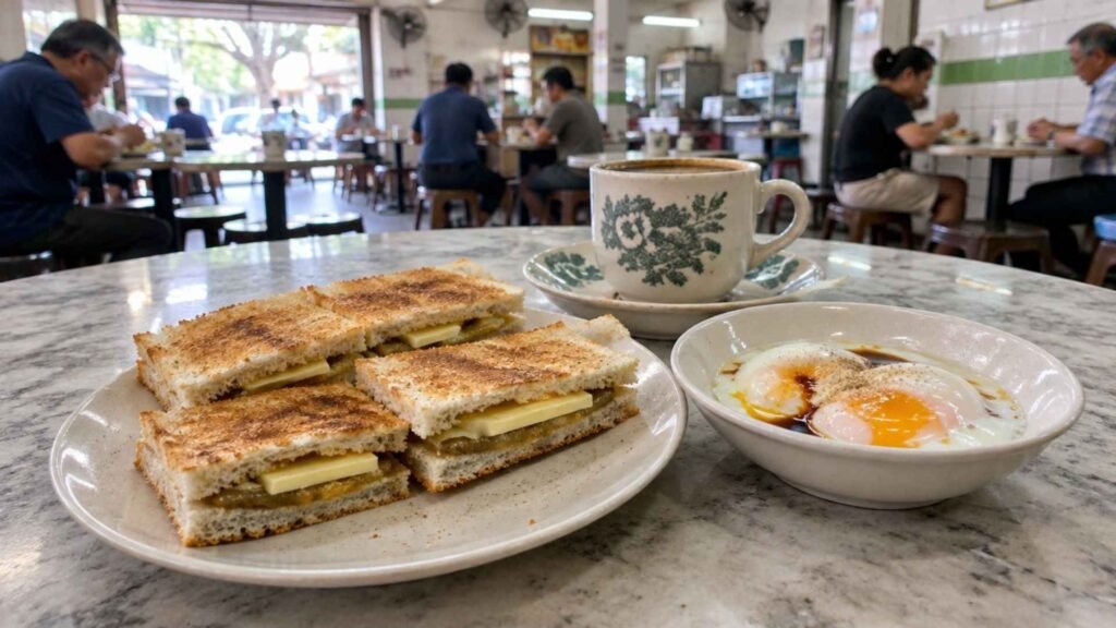 Singapore kaya toast breakfast with soft-boiled eggs, soy sauce and traditional kopi