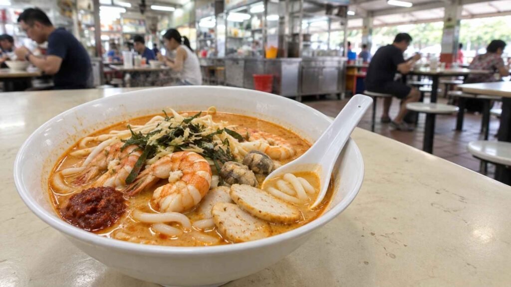 Singapore laksa with prawns, fish cake and sambal served at a busy hawker centre