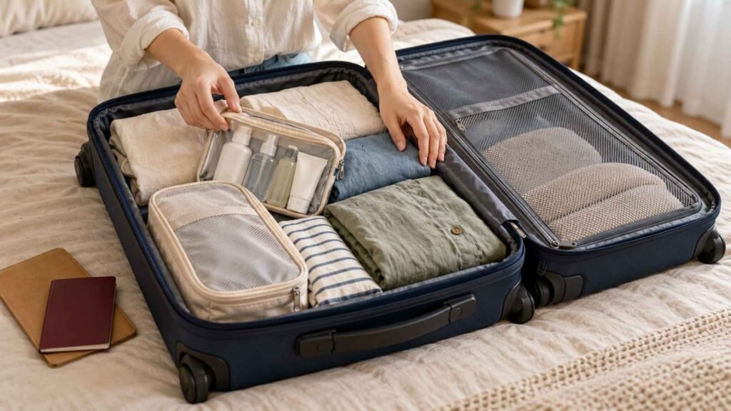 Woman checking a toiletries pouch in an open suitcase with folded clothes and a passport nearby.