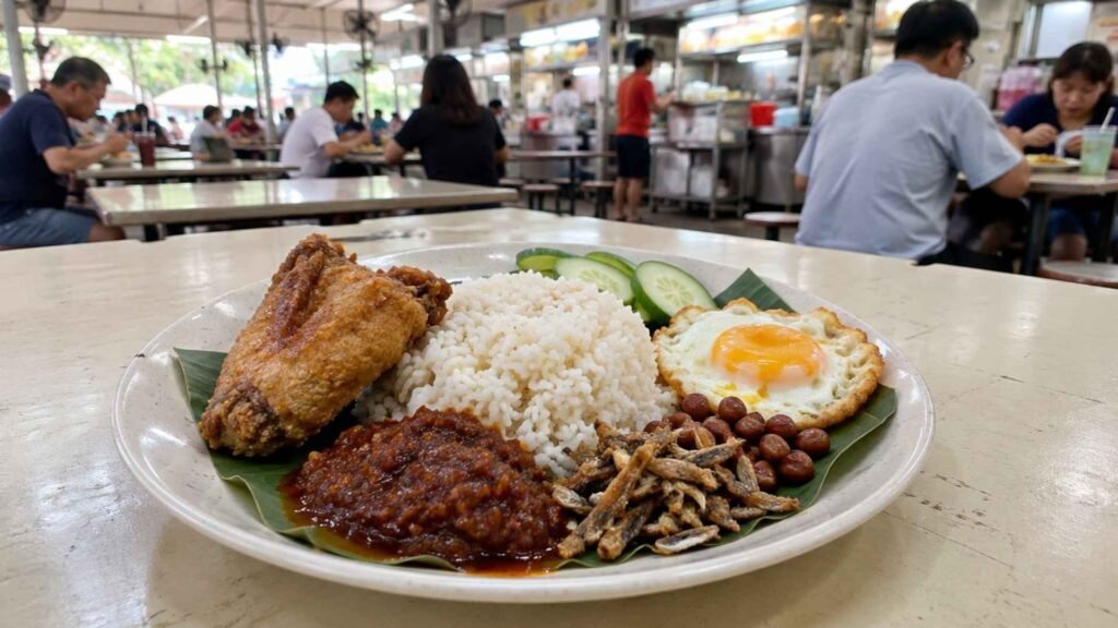 Singapore nasi lemak with coconut rice, sambal, fried chicken, egg, ikan bilis and peanuts