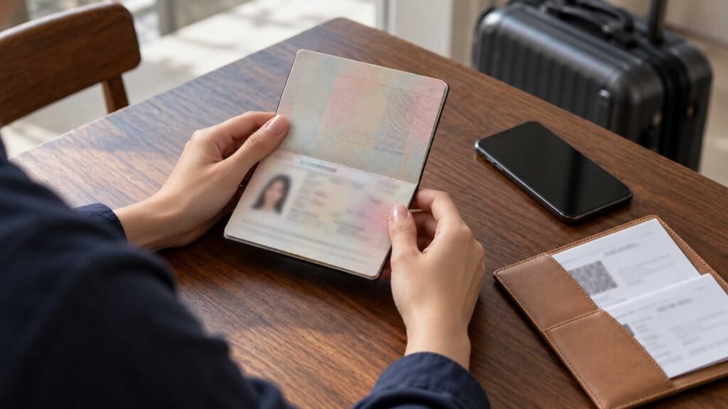 Young woman checking an open passport beside a phone and travel document wallet before a trip to Singapore.