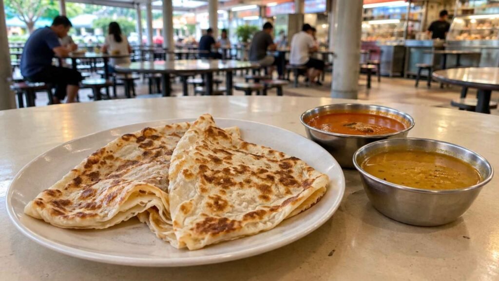 Singapore roti prata with fish curry and dhal at a hawker centre