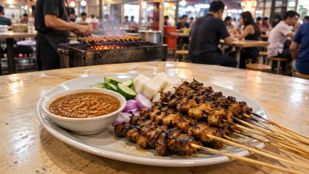 Singapore satay with peanut sauce, ketupat, cucumber and onion beside a charcoal grill