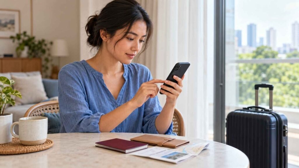 Woman using a smartphone beside her passport and travel wallet, with a suitcase nearby.