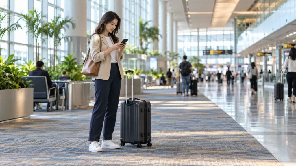 Young woman checking her smartphone beside a carry-on suitcase in a bright airport terminal.