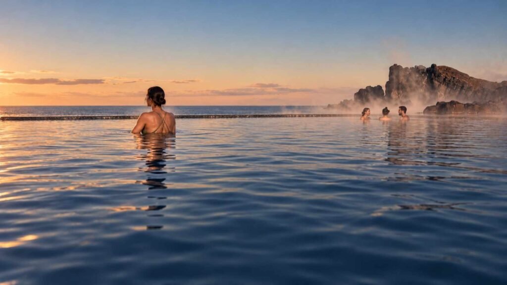 Bathers relaxing in Sky Lagoon’s infinity pool, with dark rocks and an ocean view beneath a soft evening sky.
