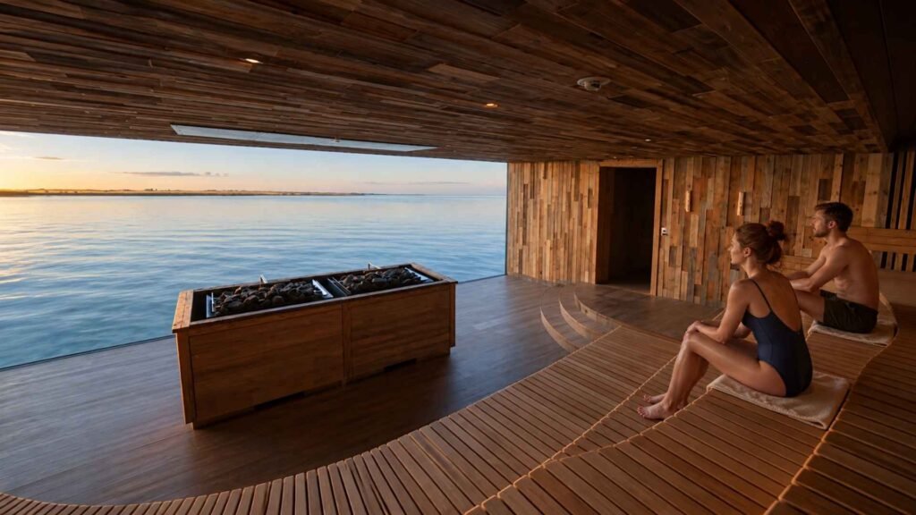 Two visitors sitting on curved wooden benches in Sky Lagoon’s sauna, facing a panoramic window overlooking the ocean.