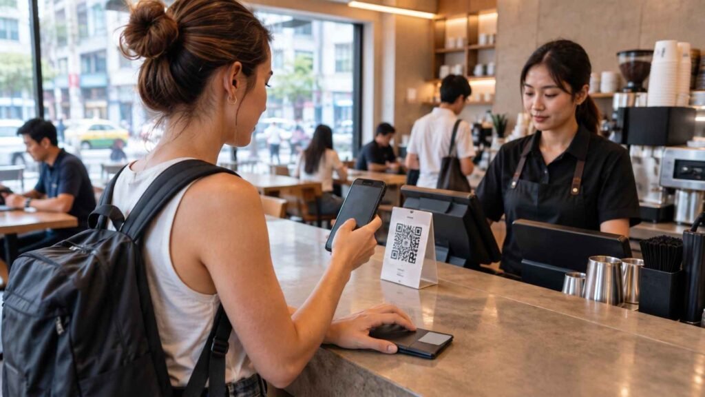 Foreign resident using Thai mobile banking with a debit card visible during a Bangkok café payment