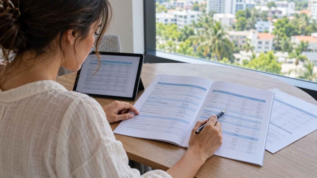 Woman reviewing printed insurance benefit tables beside a tablet at a desk by a window.