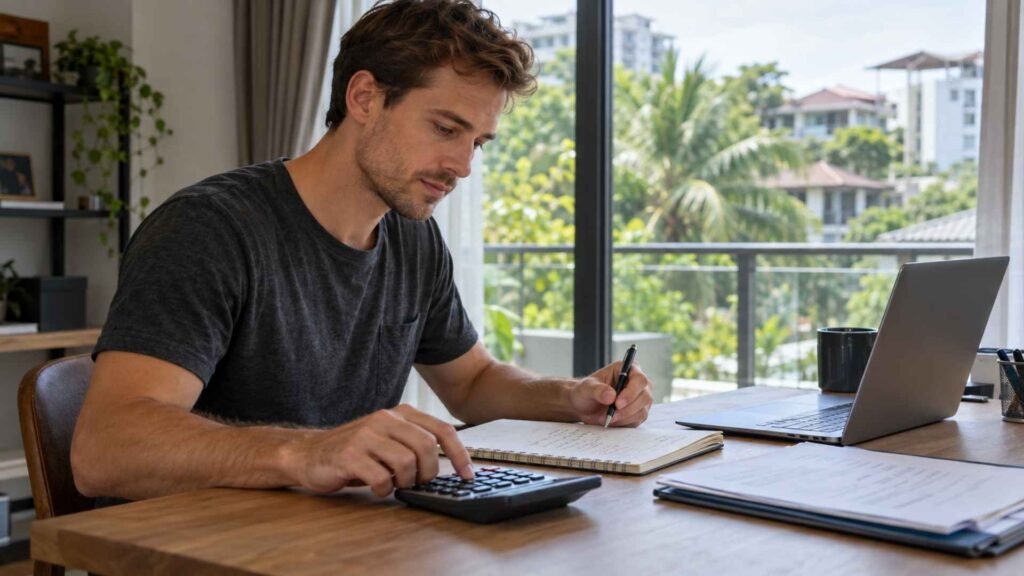 Man using a calculator and notebook to plan healthcare expenses at a desk beside a laptop.