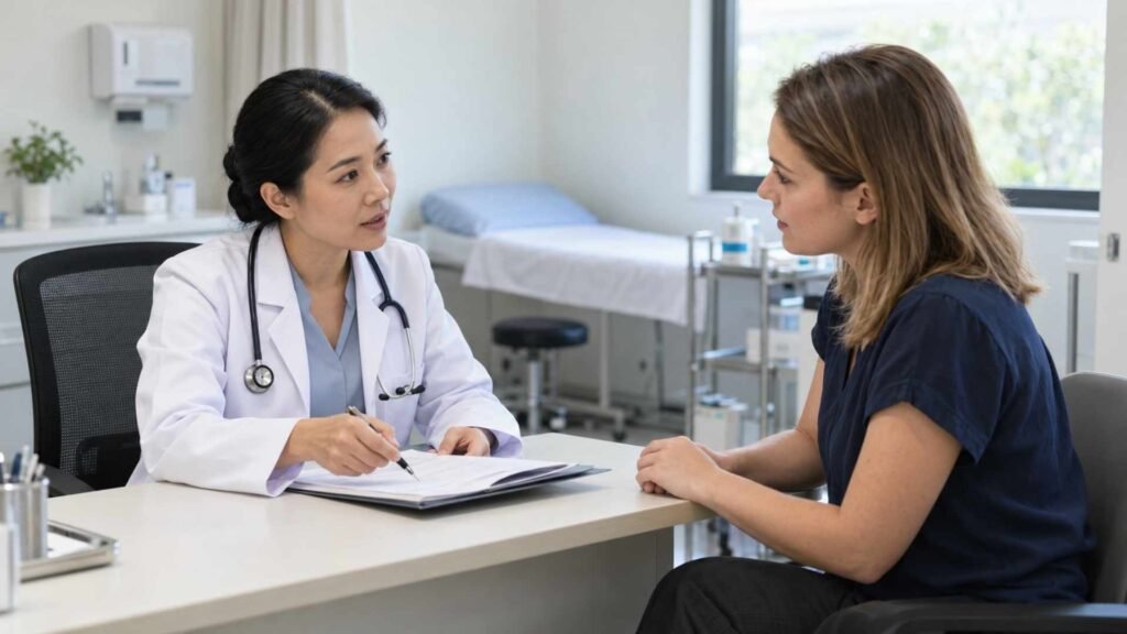 Doctor discussing medical history with a woman during a consultation in a bright clinic.