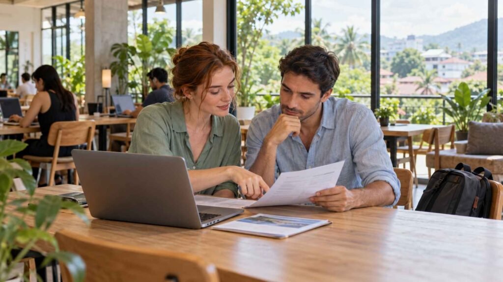 Couple reviewing documents beside a laptop in a bright coworking space in Thailand.