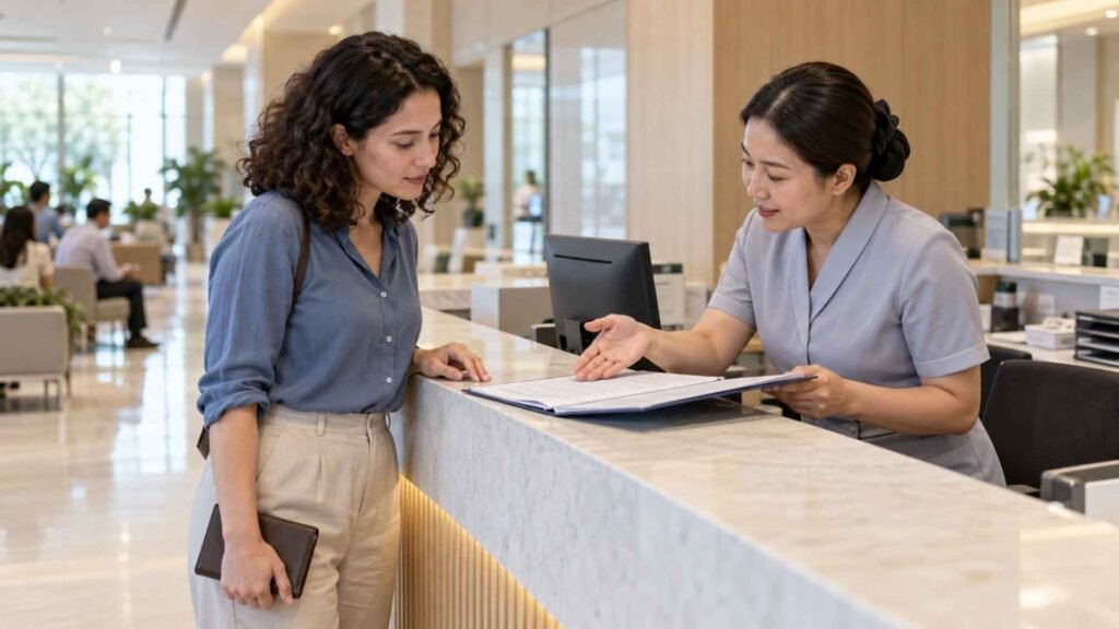 Woman reviewing documents with a receptionist at a hospital counter in Thailand.