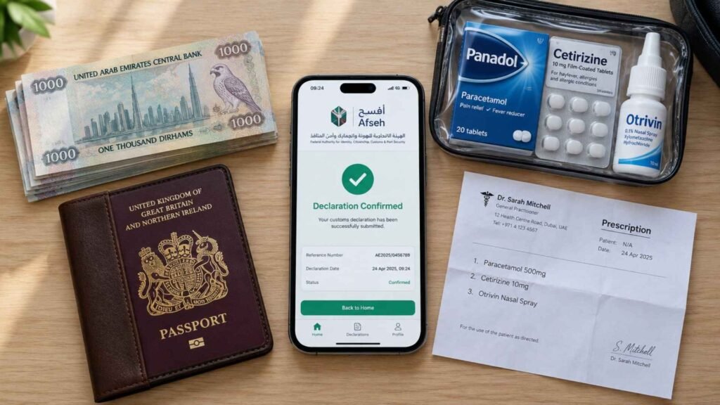 Flat lay of UAE Dirham cash, a smartphone showing the Afseh declaration app, prescription medicines, and a doctor's note for Dubai customs.