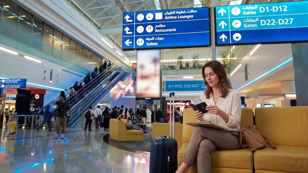 UAE Entry Requirements guide illustration showing a woman reviewing her passport and travel documents inside the Dubai International Airport terminal.