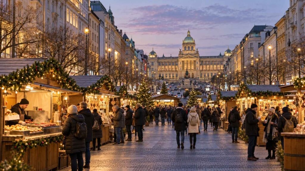 Wenceslas Square Christmas market with illuminated wooden stalls, visitors and Prague’s National Museum in the background.