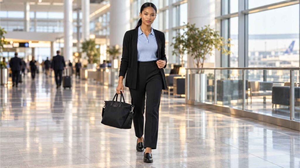 Work trip airport outfit for women with black trousers, a sweater-blazer and leather loafers.